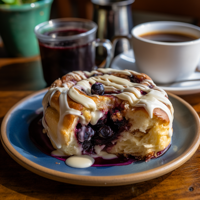 Blueberry Cinnamon Roll with Glaze on a Plate
