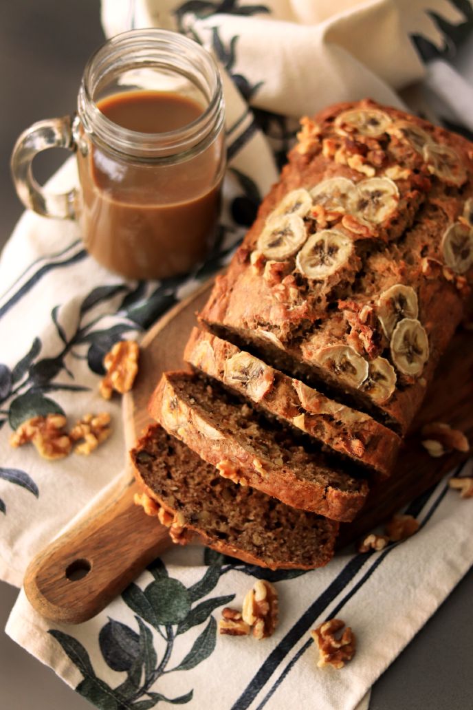 Sliced Dairy Free Banana Bread with Caramel Sauce