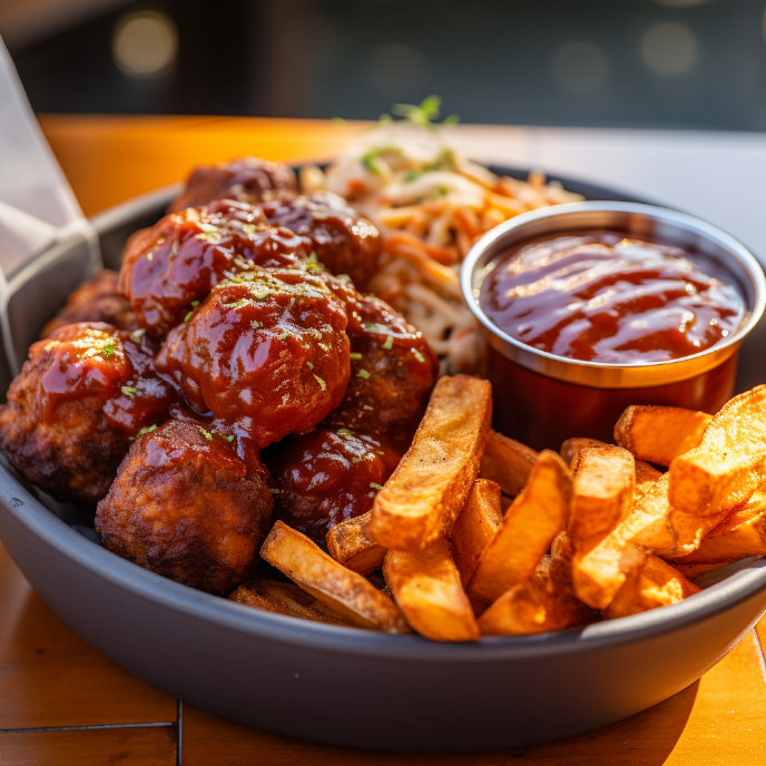 Gluten free BBQ meatballs with fries