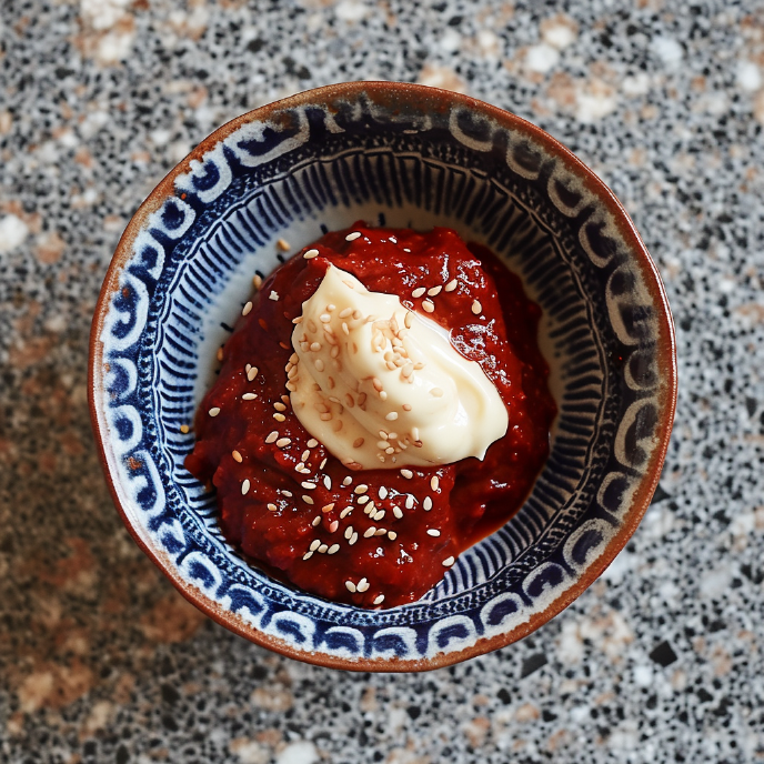 Gochujang paste in a bowl with mayo and sesame seeds