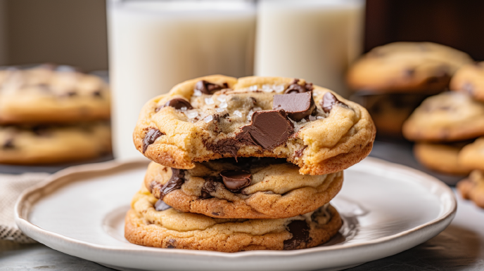 Chocolate chip cookies stacked on a plate