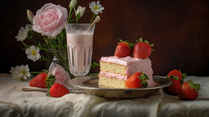Slice of Paula Deen Strawberry Cake Recipe with a strawberry milkshake