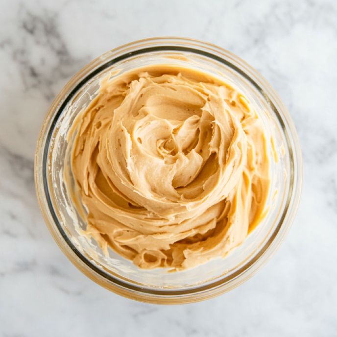 Peanut Butter and Mascarpone Frosting in a Glass Bowl, top view