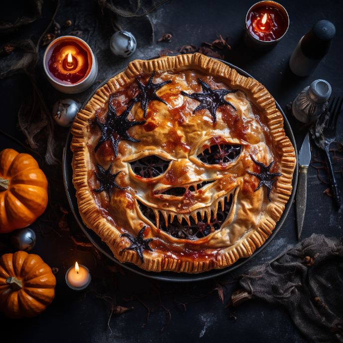 Halloween Pie on a table with pumpkins
