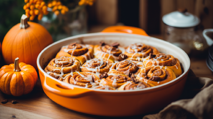 Pumpkin Cinnamon Rolls in a baking dish with glaze and mini pumpkins on the side