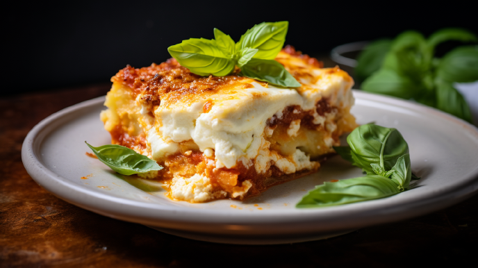 Vegan ricotta lasagna on a plate with fresh basil