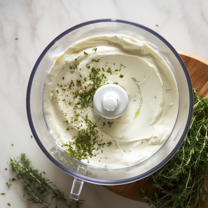 Goat cheese and cream cheese in a food processor with fresh thyme