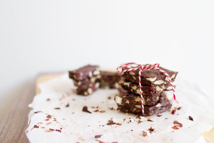 Stack of brownie brittle tied with a ribbon
